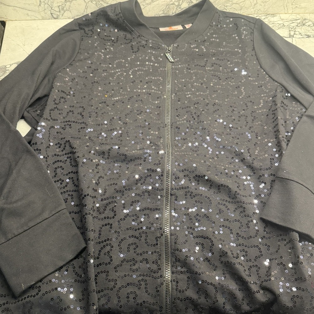 Quacker Factory Women's 1x Black Bling Sequins Soft Knit LS Zip Cardigan Jacket